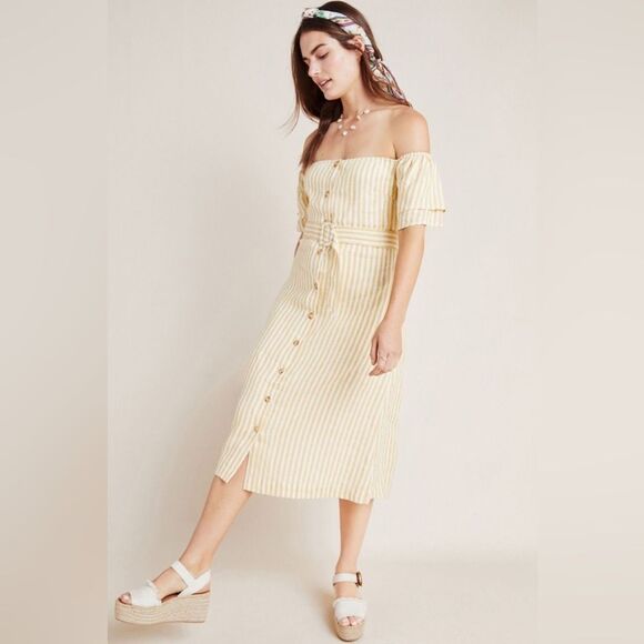 Anthropologie Dresses & Skirts - Anthropologie First Monday Linen Off-The-Shoulder Dress | Yellow & White Stripes
